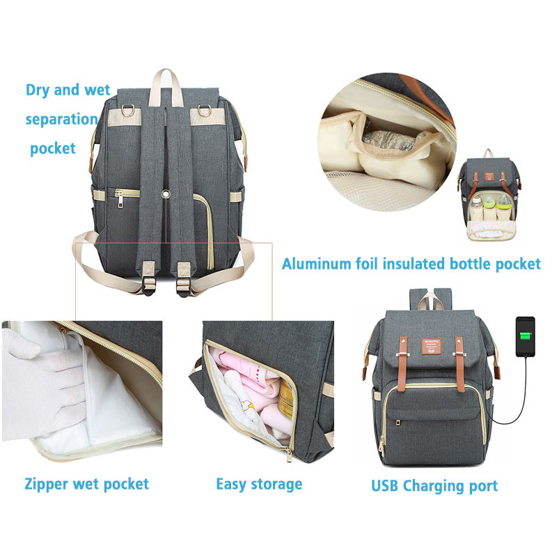 Sac à langer noir de chargement USB Sac à dos pour bébé