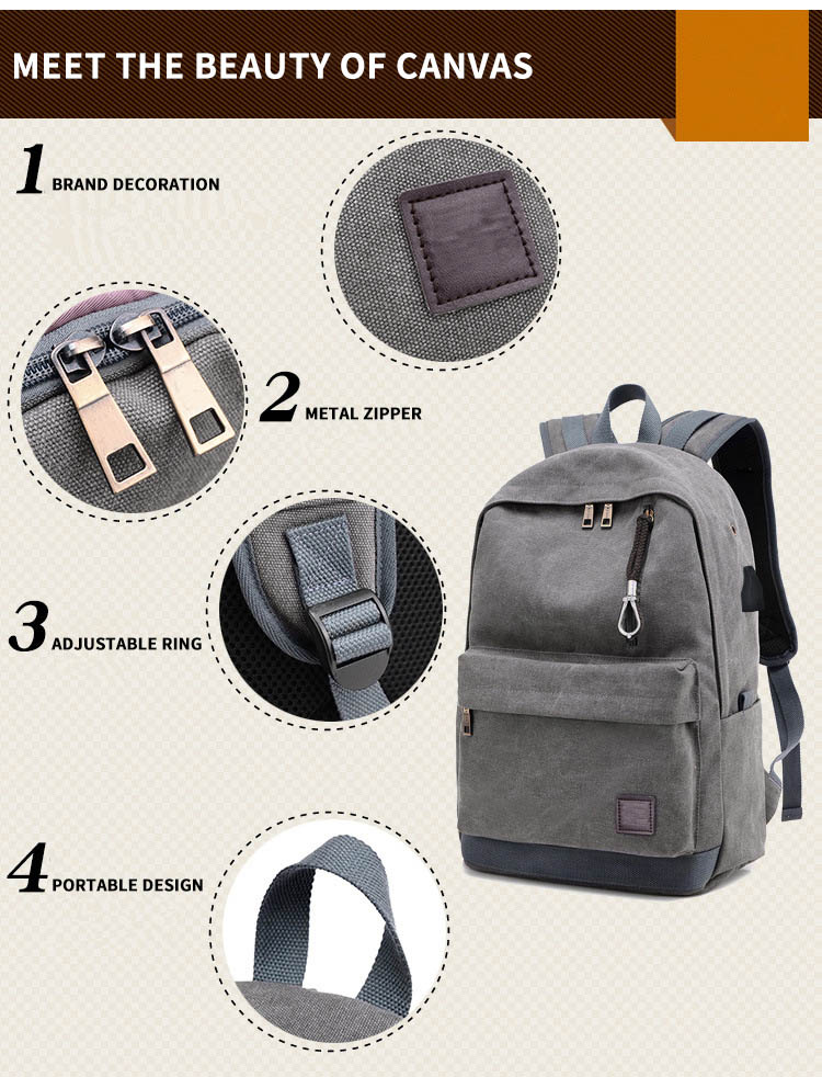 sac à dos pour ordinateur portable en toile pour école de commerce sac de chargement usb