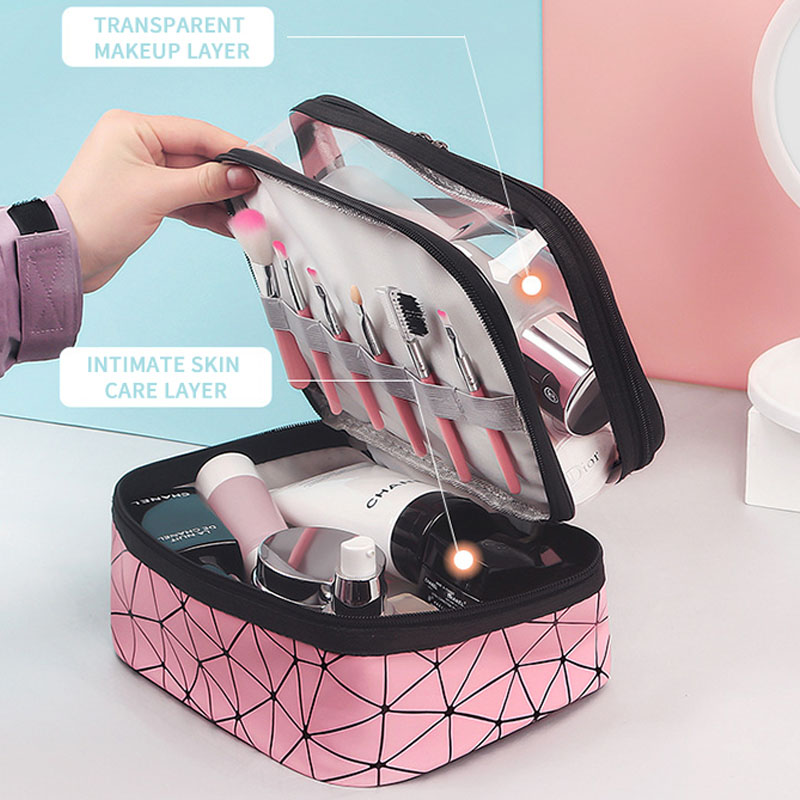 Mallette de rangement de toilette pour sac cosmétique portable Rhombus en PU