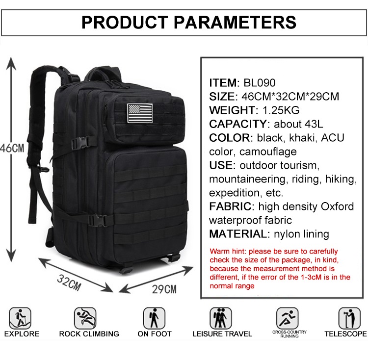 Sac à dos de sac de camouflage durable de voyage militaire tactique 45L